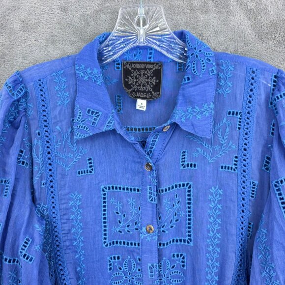 Johnny Was Sadie Embroidered Midi Shirtdress S Blue Eyelet Floral Button Up Boho - Picture 4 of 13